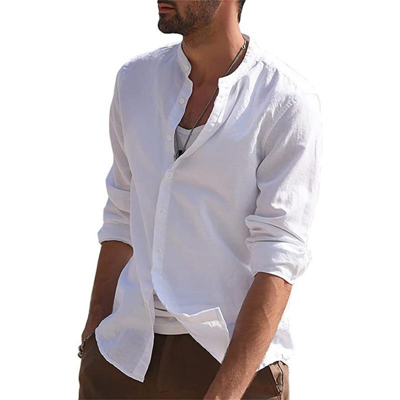 Mens Retro Casual Loose Long Sleeve Stand Collar Solid Shirt