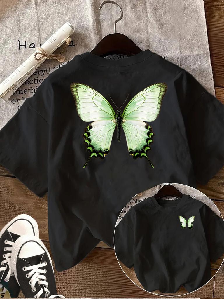Summer Green Butterfly Printed Tshirt Womens Round Neck Short Sleeve Top Versatile White Half Sleeve D Insect Art Butterfly
