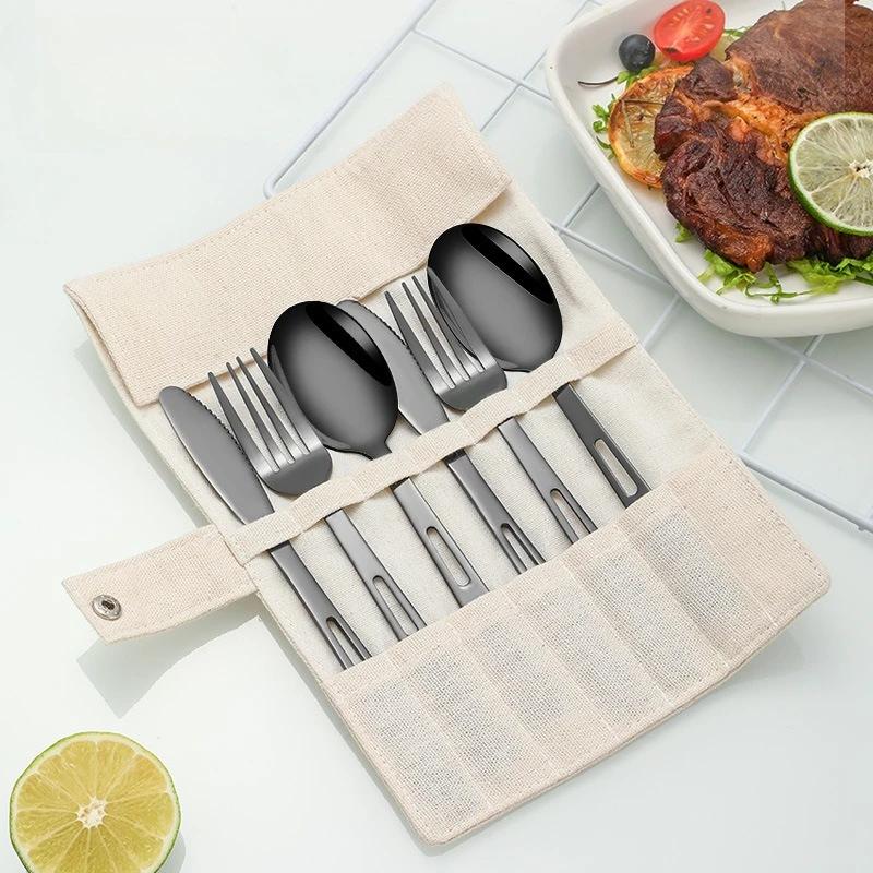 Tableware Set Stainless Steel Portable Cutlery Dinner Knife Fork Spoon 6-Piece Suit With Storage Bag For Travel Camping Flatware