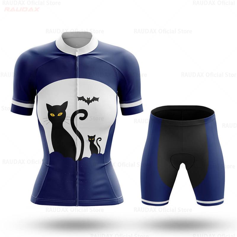 Women's Cycling Jersey Set Pink Cartoon Cat Summer Short Sleeve Breathable MTB Bike Cycling Clothing Maillot Ropa Ciclismo Mujer