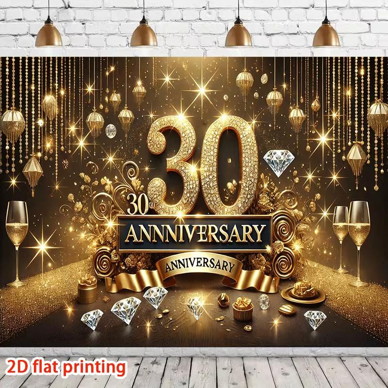 2D Elegant 30th Anniversary Backdrop, Gold & Black Diamond Celebration Banner