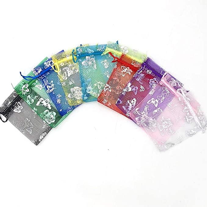 25 peças 3 tamanhos sacos de borboleta estampados a quente, sacos de presente de joias, sacos de doces, sacos de presente de casamento com cordão, sacos de gaze estampados a quente, sacos de organza, sacos de especiarias