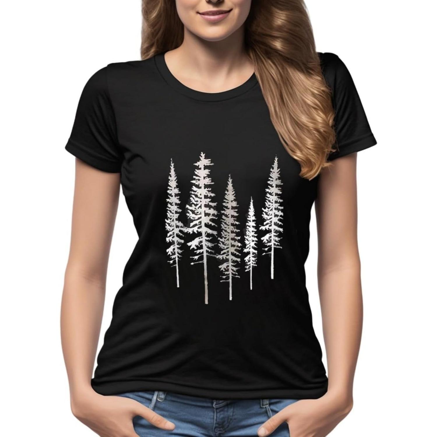 Graphic Tees for Women Casual Workout Graphic T-Shirt Skinny Pine Tree Nature Camping Funny Shirts Athletic Comfort Clothes S чёрный