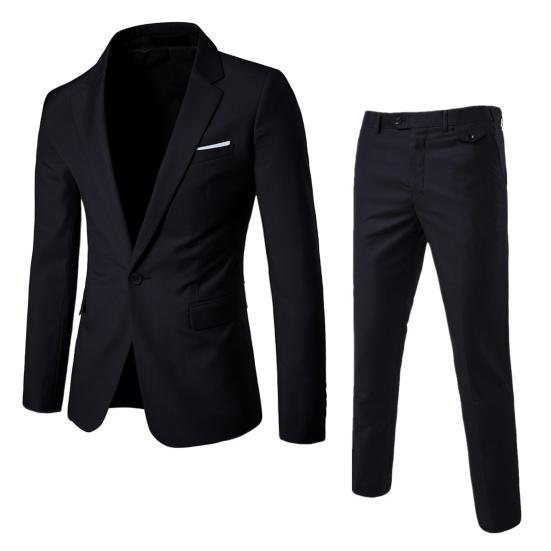 2 adet/takım erkek iş Blazer takım elbise pantolon seti yaka uzun kollu tek düğme cepler takım elbise ceket Slim Fit uzun pantolon iş giysisi