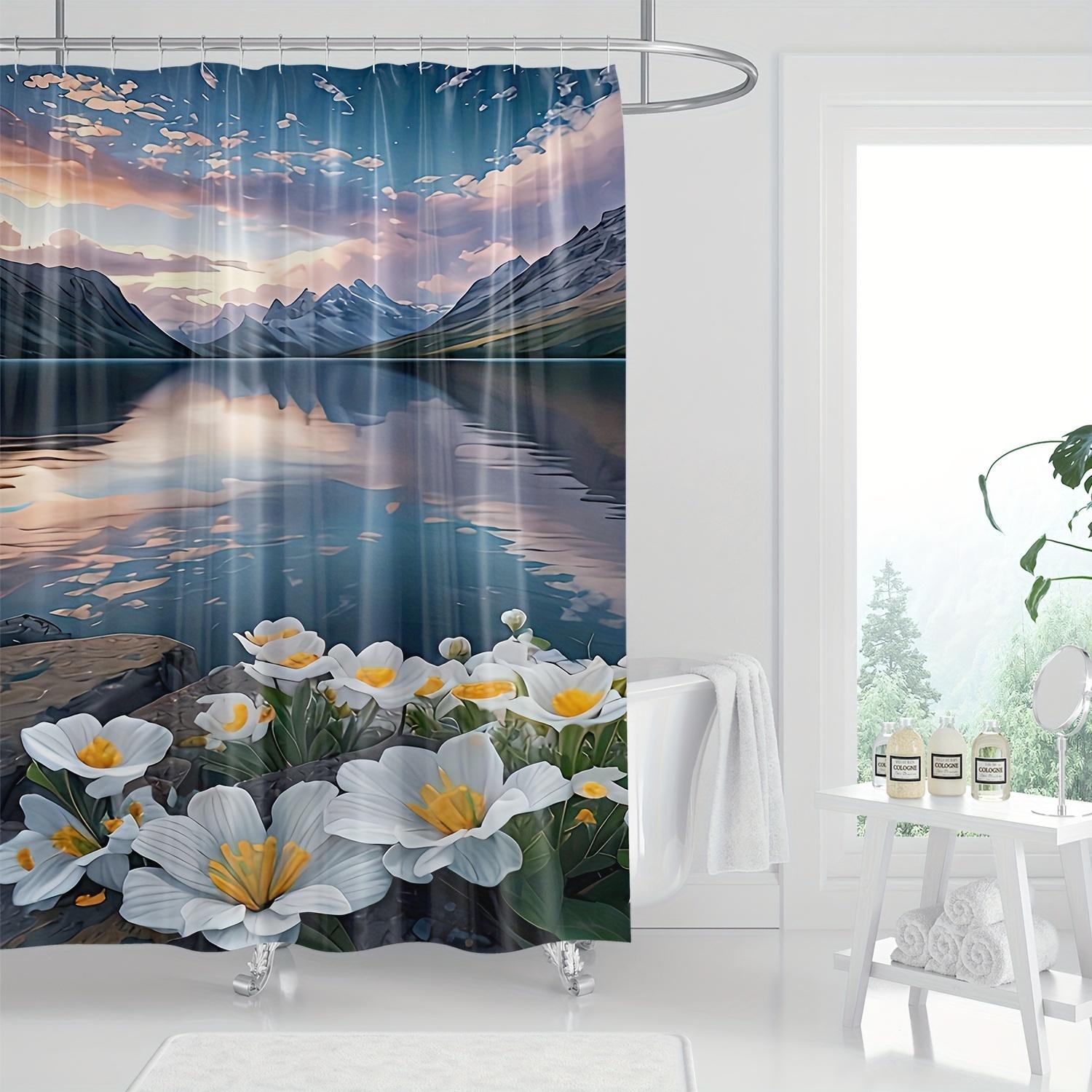 1Pc Scenic Lake View Floral Digital Print Shower Curtain, Nature Inspired Bathroom Decor W60H190(CM)-1 Pcs