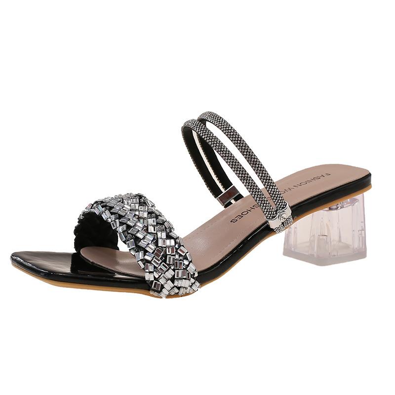 2025 spring and summer new fashion versatile temperament trend rhinestone French daily low heel square head women's sandals