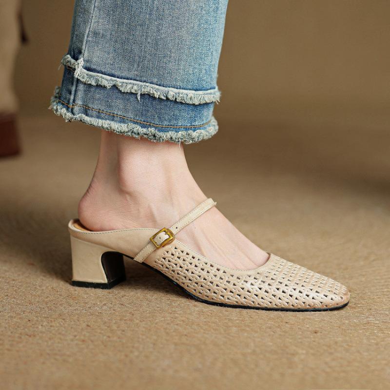 New square head cover foot pedal sandals summer bag head slippers women's beef tendon soft bottom leather size cool slippers