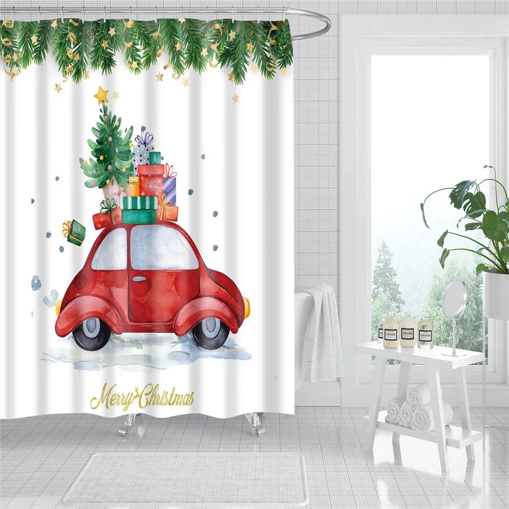 Merry Christmas Shower Curtains New Year Santa Bathroom Decor Bath Curtain Cartoon Snowman Elk Bath Bathroom Curtains