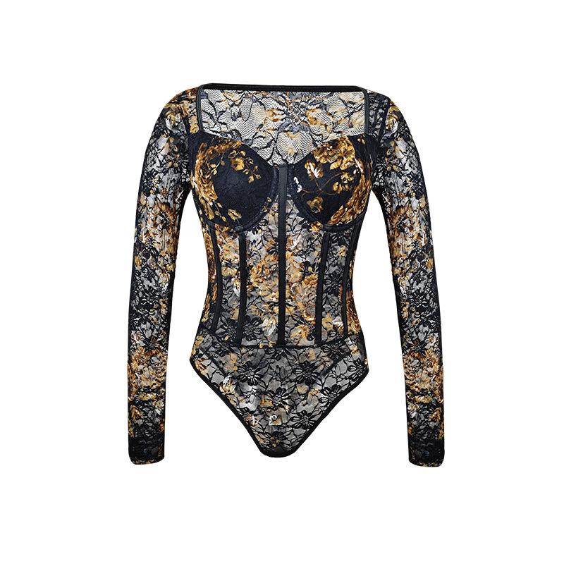 Осенне-зимний ретро темперамент цветочный кружевной стальной косточка прозрачный с длинным рукавом облегающий костяной корсет Spice Girl боди S