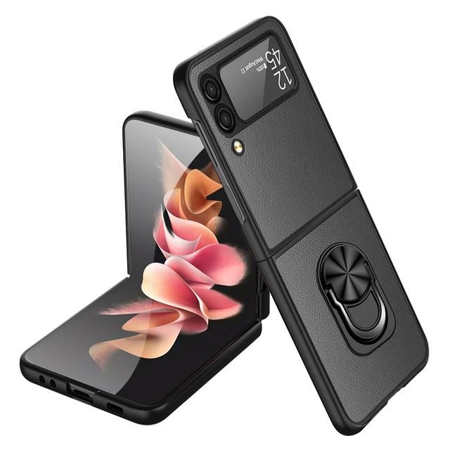 Comfortable Leather Finger Ring Case For Samsung Galaxy Z Flip 4 5g Flip4 Flip3 Flip 3 Shockproof Kickstand Cover Funda