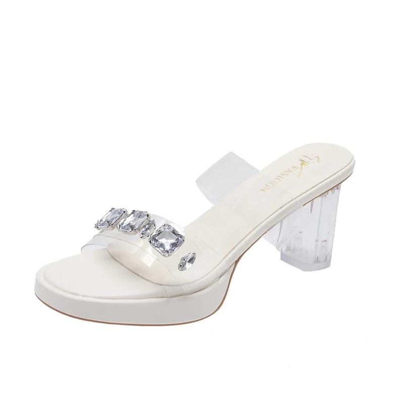 Sandale cu toc înalt pentru femei, vara 2024, îmbrăcăminte exterioară nouă, cu platformă cu strasuri transparente, sandale sexy cu toc gros din cristal, cu zână