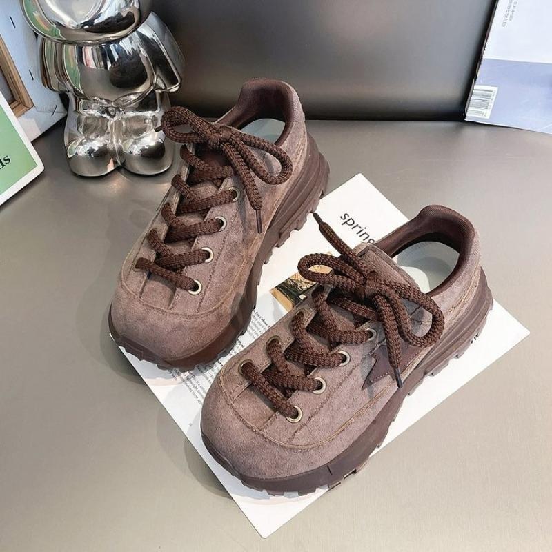 

thick-soled ugly cute bread shoes women, autumn and winter new casual lace-up big head velvet heightening board shoes 35 хаки