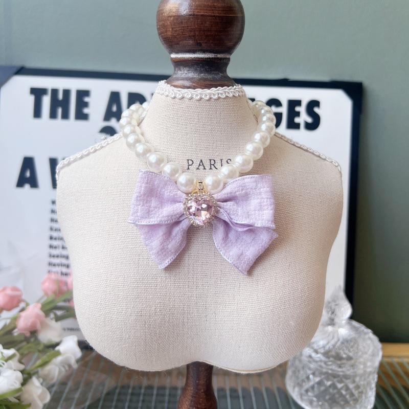 Japanese‑Style Gentle Pet Pearl Necklace Sweet Bow Teddy Bear Decor Neck Ring for Cats Small Dogs