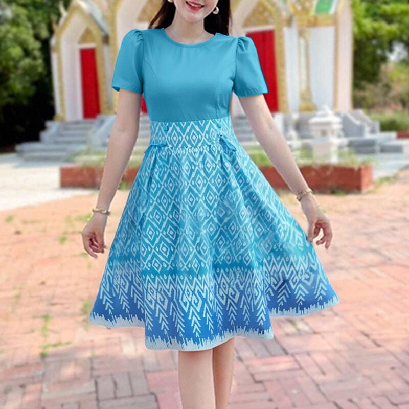 ZANZEA Women Summer Casual Round Neck Short Sleeve Patchwork Print Dres