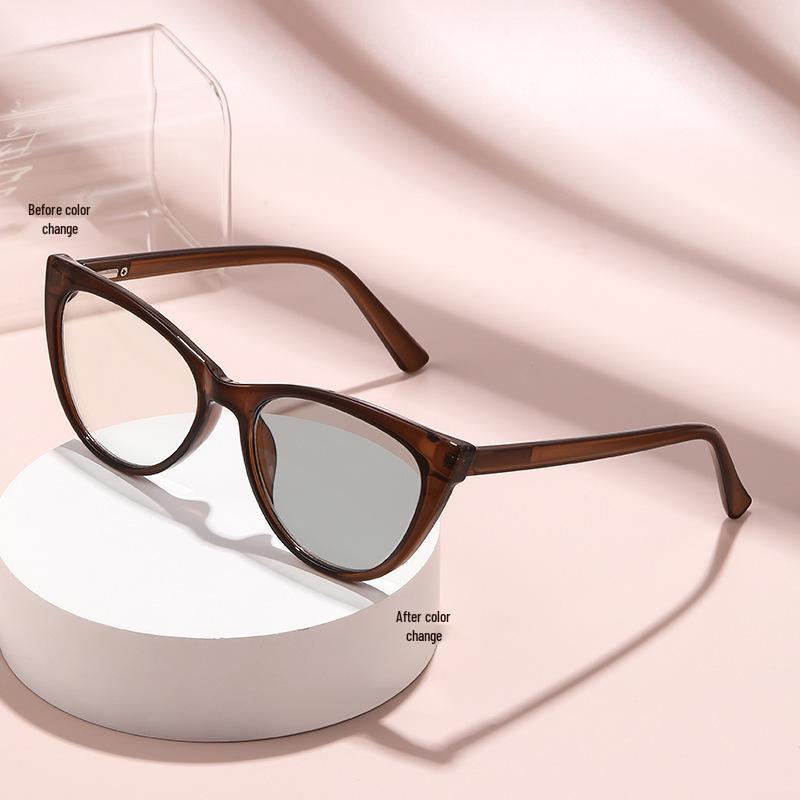 Light-Sensitive Color-Changing Large Retro Cat Eye Glasses, Ultra-Light Spring Hinges, Fashionable Myopia Frame