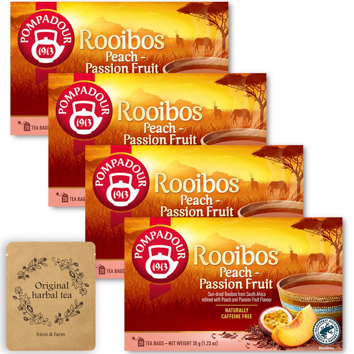 

Помпадур Чай Ройбуш Персик Маракуйя x 4 коробки Оригинальный травяной чай Образец & (20ТБ) +