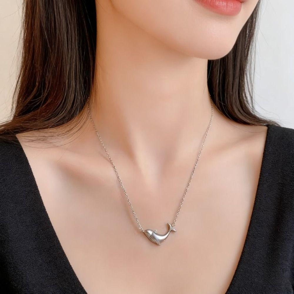 Silver Clavicle Chain Elegant Zircon Pendant Gift Whale Pendant Necklace  Jewelry