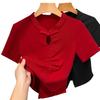 New Chinese Short-sleeved T-shirt for Women New Women's Stand-up Collar Button Hollow T-shirt Pleated Waist-hugging Short Top