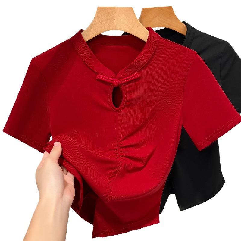 New Chinese Short-sleeved T-shirt for Women New Women's Stand-up Collar Button Hollow T-shirt Pleated Waist-hugging Short Top