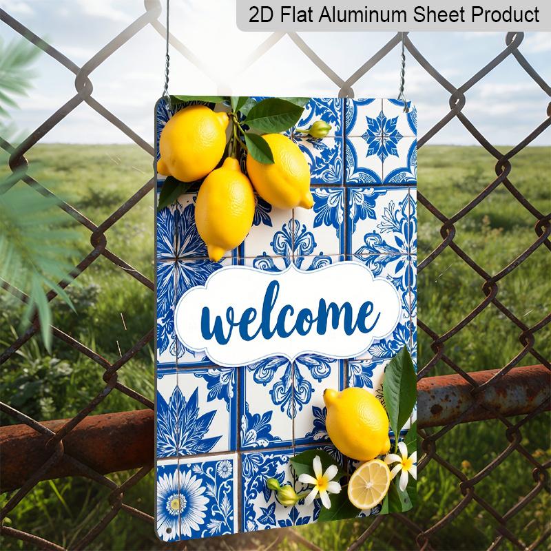 2D Flat, 12.0x8.0inch Metal Welcome Sign - Blue and White Tile Lemon Design with Floral Accents, Mediterranean Style Outdoor Wall Art, Durable