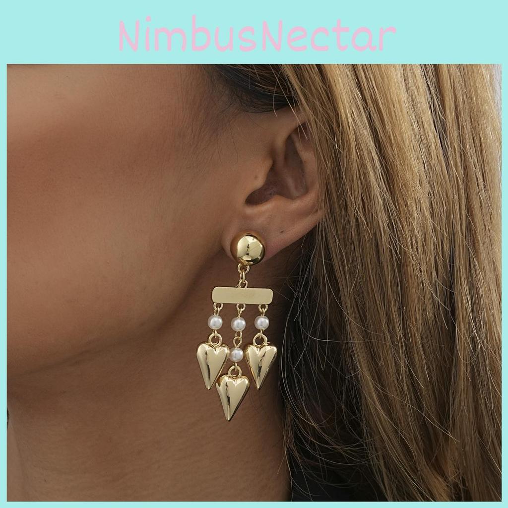 Fashionable Gold Geometric Heart Dangle Earrings With Faux Pearl For Ladies