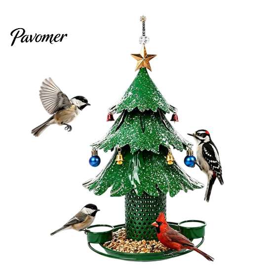 All Weather Rust Proof Bird Feeder Christmas Tree for Outdoor, Metal Hanging Wild with 2 Water Cups, Green Xmas Seeds Tray Garden Patio Outside Decor