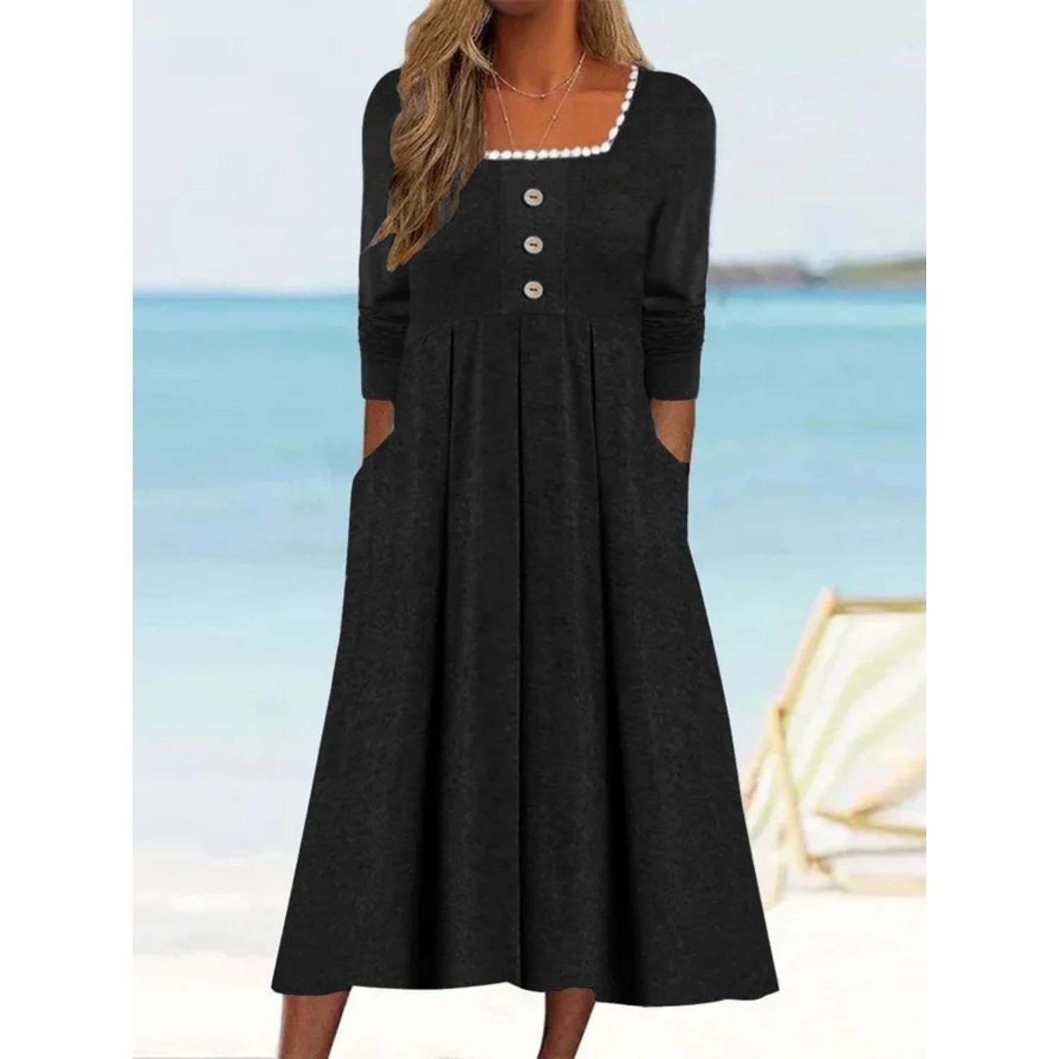 

2025 Новое женское платье с заниженной талией, элегантное платье с принтом, весна-лето, свободное и удобное XXL чёрный