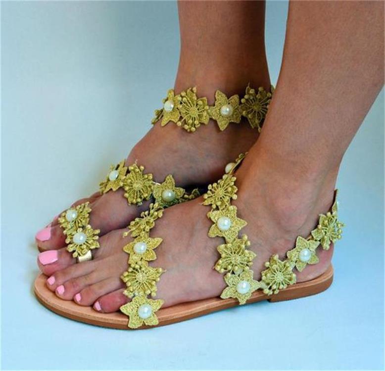 

Женские туфли сандалии женские весенние новые с цветком на плоской подошве прохладные тапочки женские с круглым носком 43 золотой