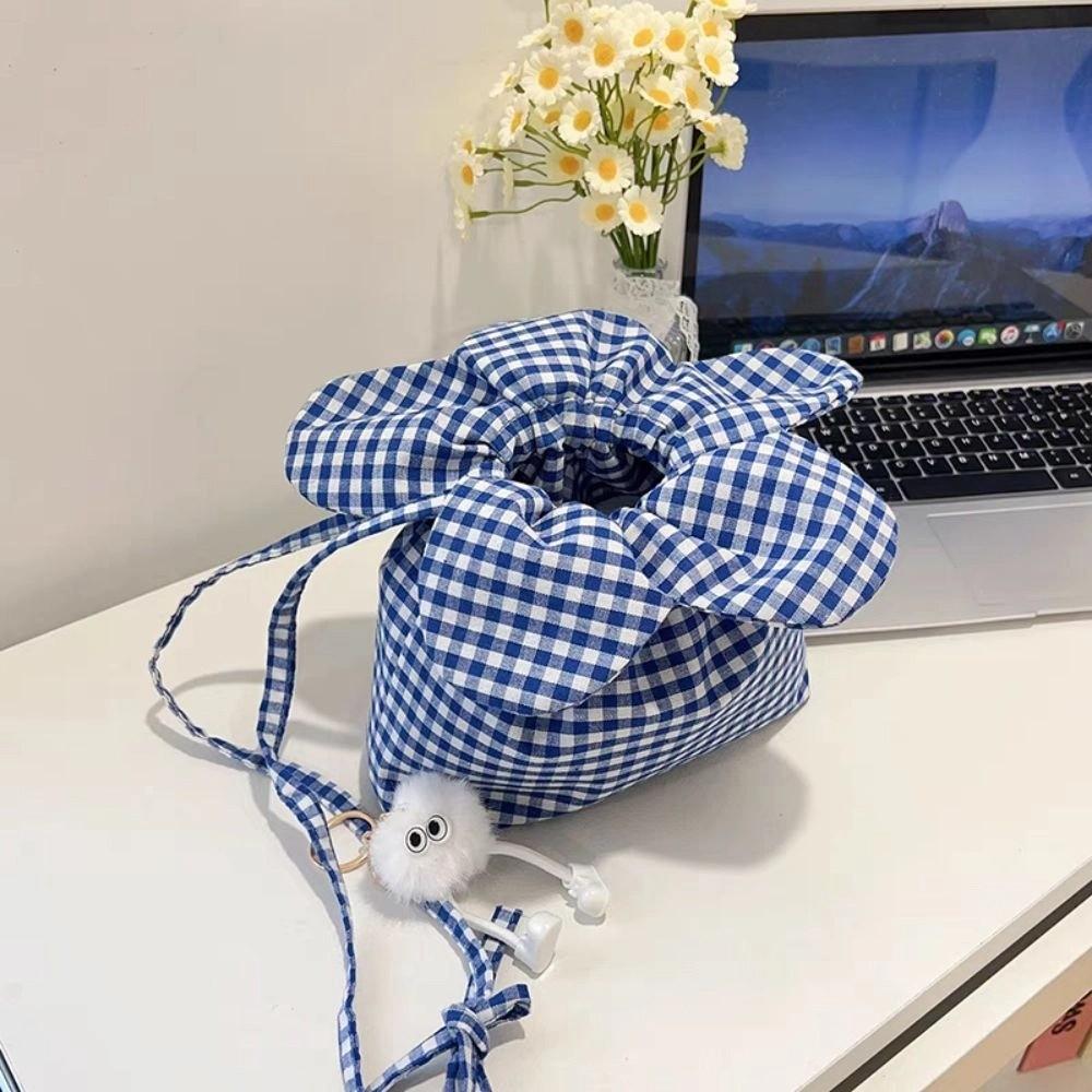 Portable Plaid Flower Crossbody Bag Cloth Ins Shoulder Bag Casual Flower Drawstring Bag  Outdoor