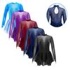 Sparkly Rhinestone Skating Dress for Girls: Hollow Back Mesh Splice Long Sleeve Ballet Leotard, Round Collar Dance Gymnastics Performance Outfit