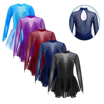 Funkelndes Strass-Eiskunstlaufkleid für Mädchen: Ballett-Trikot mit hohlem Rücken, Mesh-Einsatz, langen Ärmeln und rundem Kragen, Tanz-Gymnastik-Aufführungsoutfit