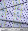 Soimoi Gray Japan Crepe Satin Fabric Stripe & Freesia Floral Print Fabric by Metre 42 Inch