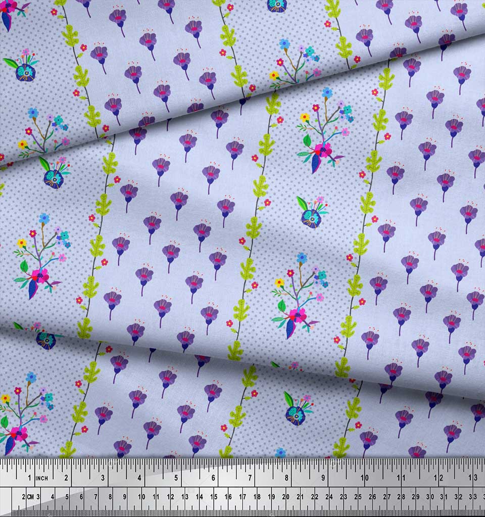 Soimoi Gray Japan Crepe Satin Fabric Stripe & Freesia Floral Print Fabric by Metre 42 Inch