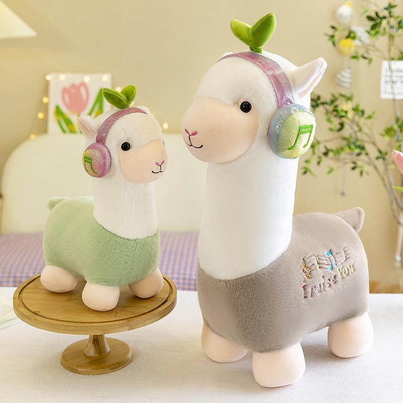 Headphones Alpaca Wear Plush Toy Soft Short Plush Stuffed Animal Home Decoration
