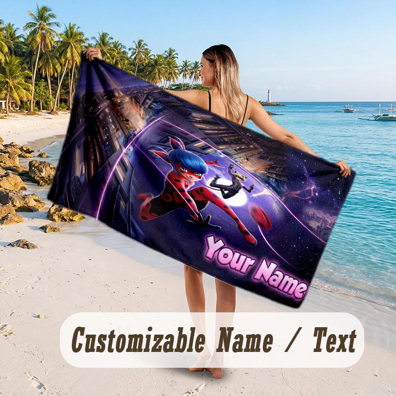 Personalisier Handtuch, Miraculous Ladybug Individuell Bedruckt Name Text, Super Saugfähiges Handtuch Für Strandurlaub