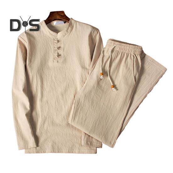 

2 шт./компл., мужской топ, брюки, костюм с воротником-стойкой, длинным рукавом, эластичной резинкой на талии, шнурок из бисера, широкие карманы, сплошной цвет, мужская осенне-весенняя рубашка, комплект брюк L хаки