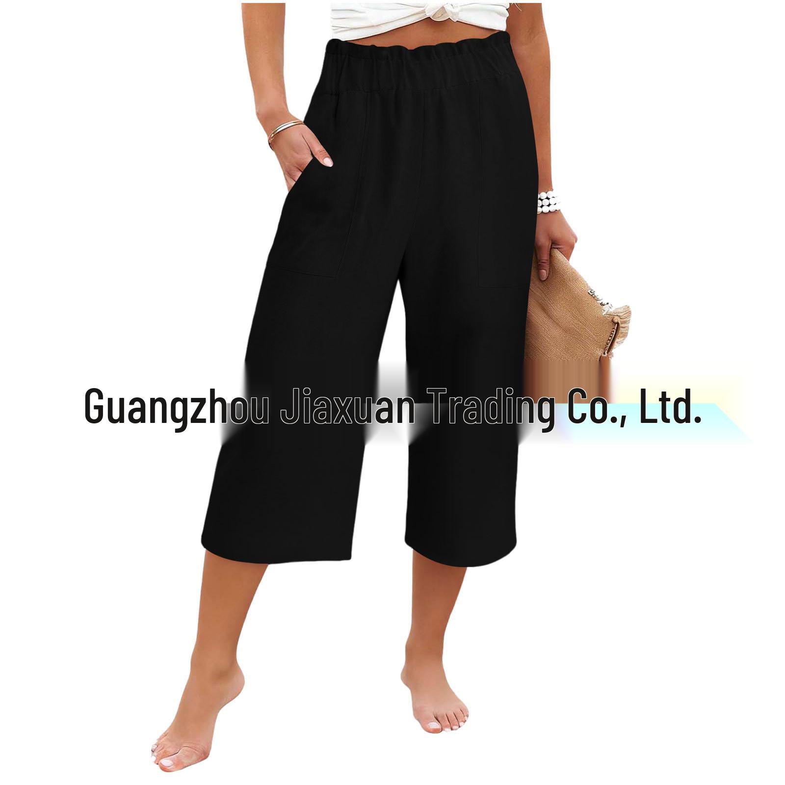 

Women s Cotton-Linen Cropped Pants with Pockets - Elastic Waist, Solid Color, Loose Fit XL чорний