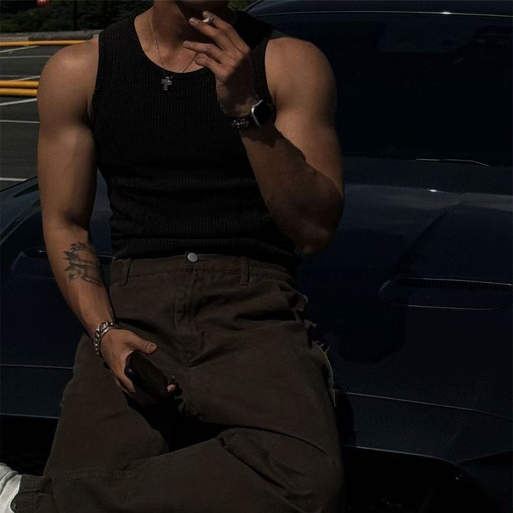 Americké vertikální vlákno, tílka, pánské těsné elastické tričko bez rukávů, sestřihovací linie, tenké rychleschnoucí fitness vesta