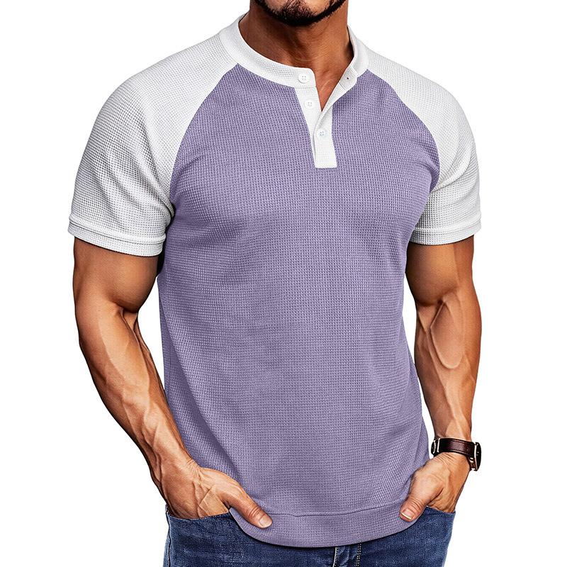 Мужская вафельная футболка-henley с коротким рукавом, повседневная, свободная, пуловер, летняя, ежедневная, мужская уличная одежда, дышащая, базовая XL фиолетовый
