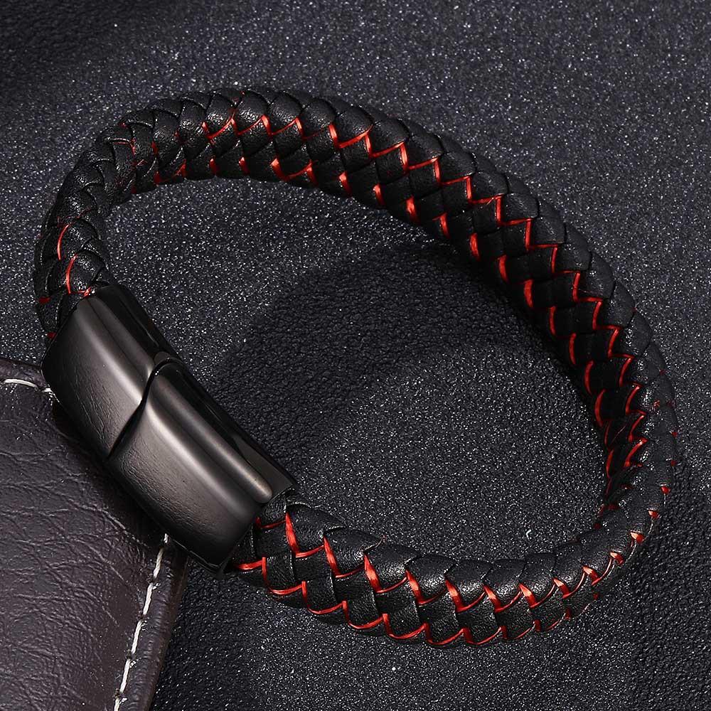 Punk Men Braided Genuine Braided Blue Leather Bracelet Black Stainless Steel Magnetic Buckle Bracelet Gifts Homme Pulsera