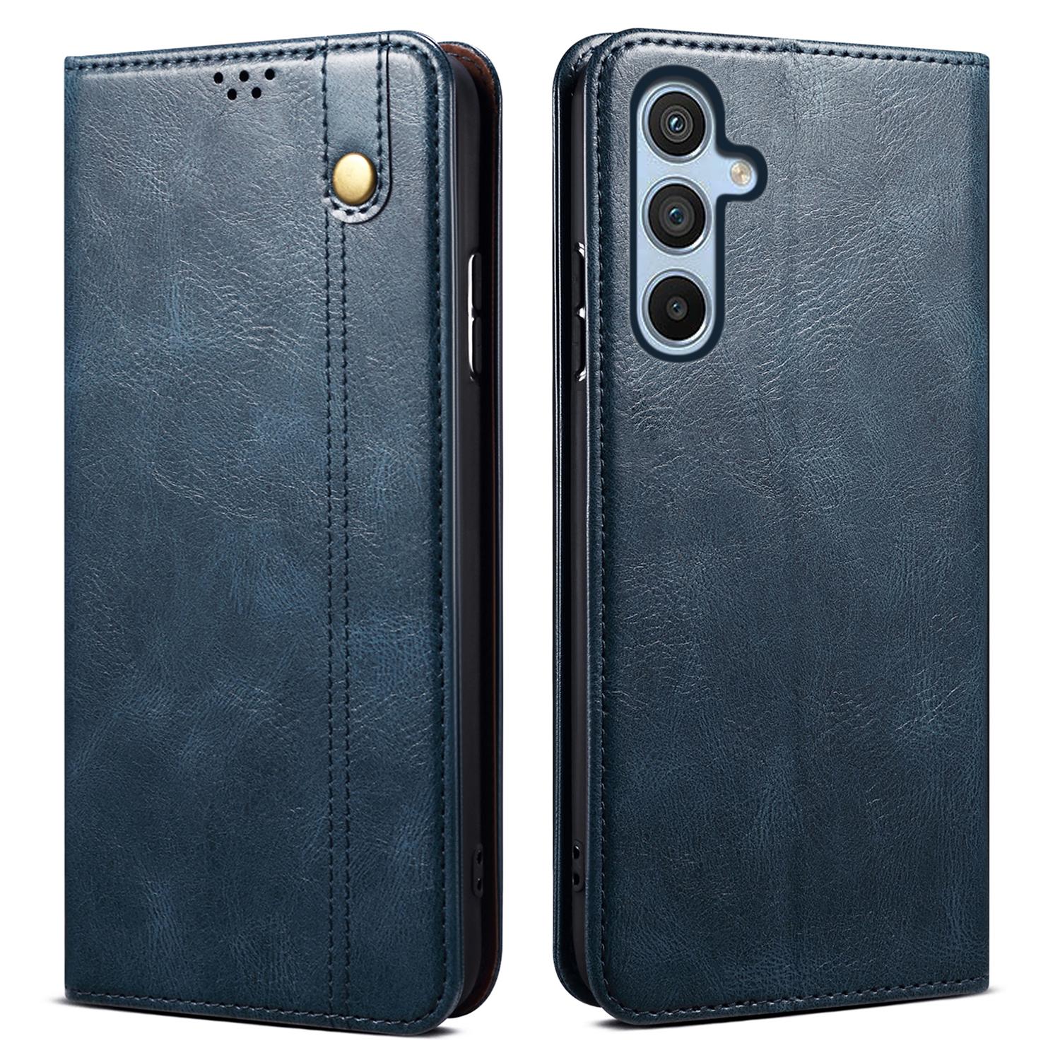 

For Samsung Galaxy M14 5G Wallet Waxy Crazy Horse Texture Leather Phone Case Stand Cell Phone Cover Blue