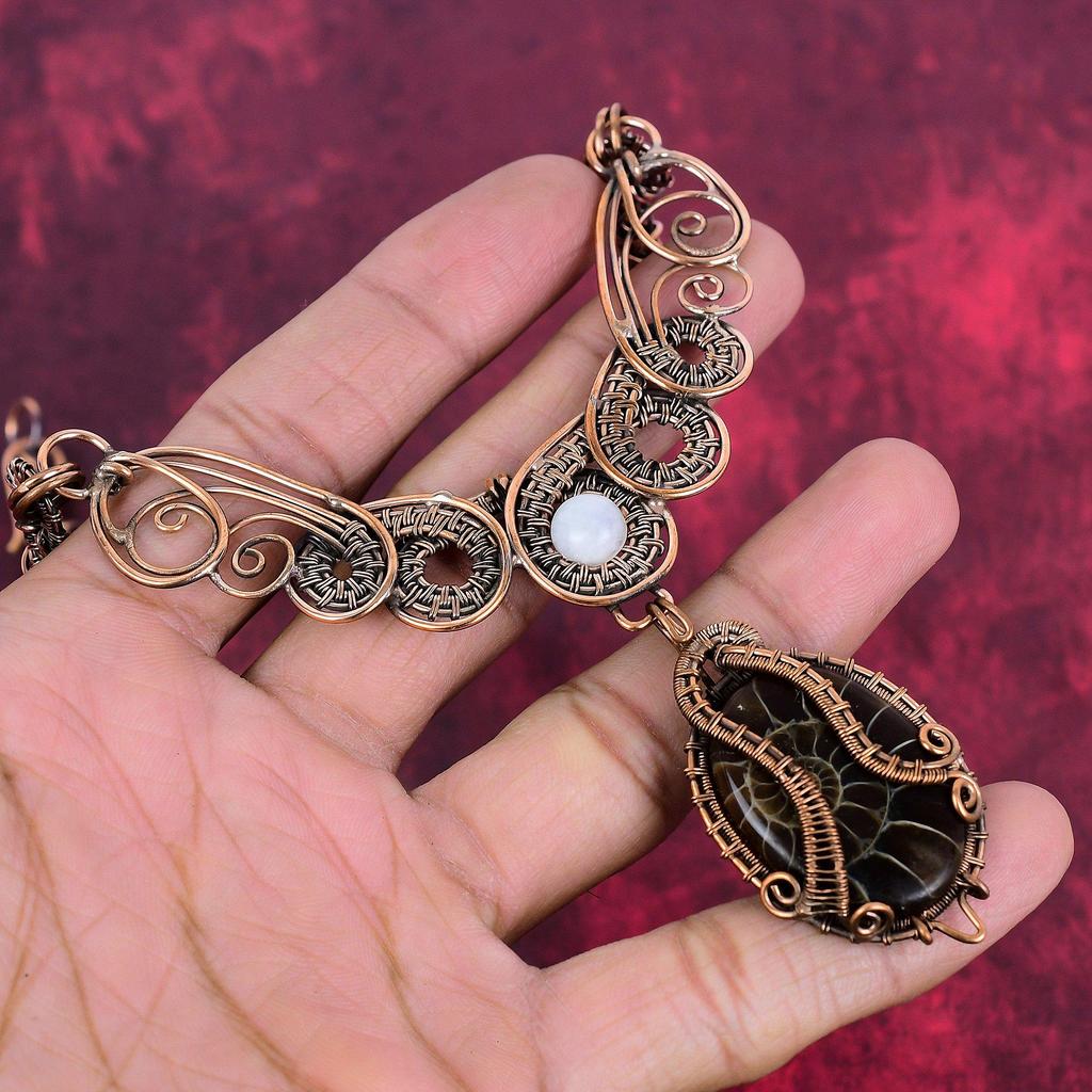 Ammonite Fossil Necklace Copper Wire Wrapped Necklace Rainbow Moonstone Necklace Gemstone Copper Jewelry Engagement Gifts Handmade Necklace