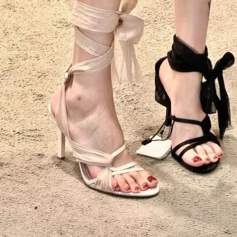 Fashion Summer New Mesh Cross Strap One Line Buckle Roman Sandals Women's Fine Heels Open Toe Temperament High Heels