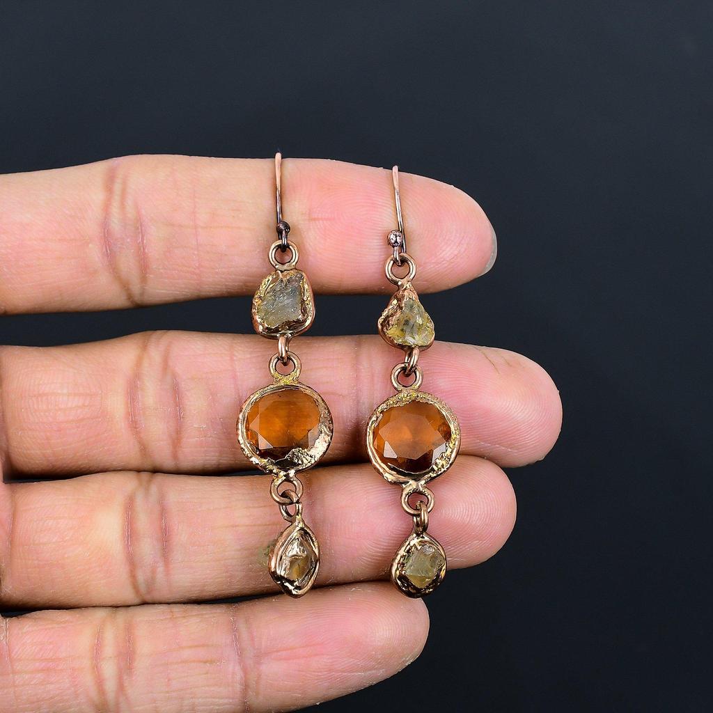 Citrine Earrings, Copper Electroformed Gemstone Jewelry, Handmade Earrings, For Thanksgiving