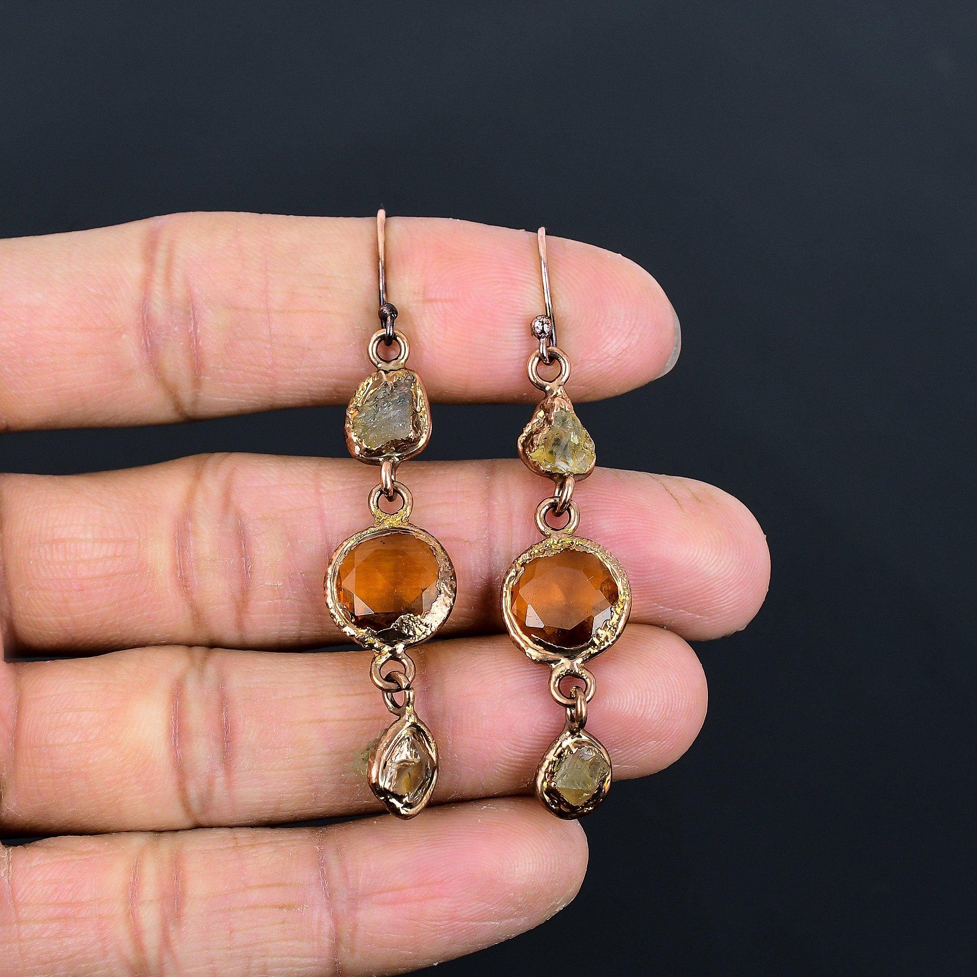 

Citrine Earrings, Copper Electroformed Gemstone Jewelry, Handmade Earrings, For Thanksgiving 2.55 Inches