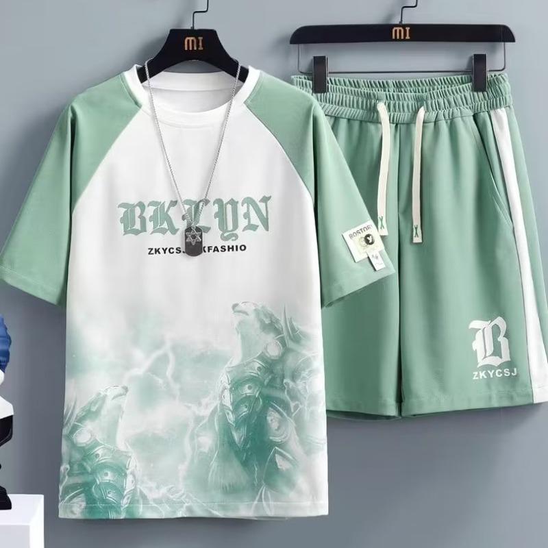 Summer Men's Personalized Letter Print Comfortable Breathable Round Neck T-shirt Shorts Set Outdoor Street Style Outfit