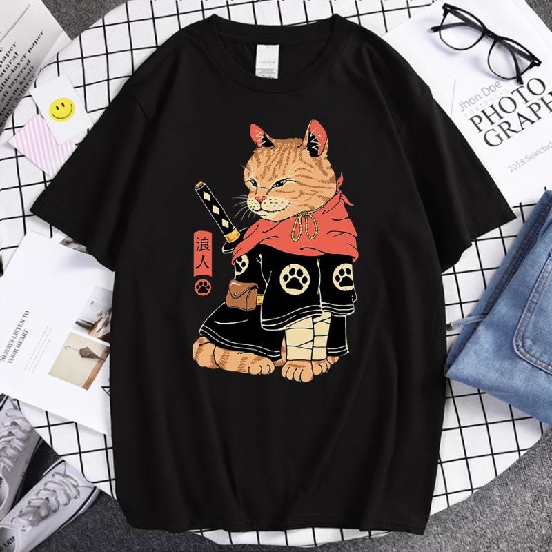 Summer Unisex 100 Cotton Shortsleeved Breathable Samurai Cat Personalized Print Tshirt For Casual And Loose Fit Hiphop Style