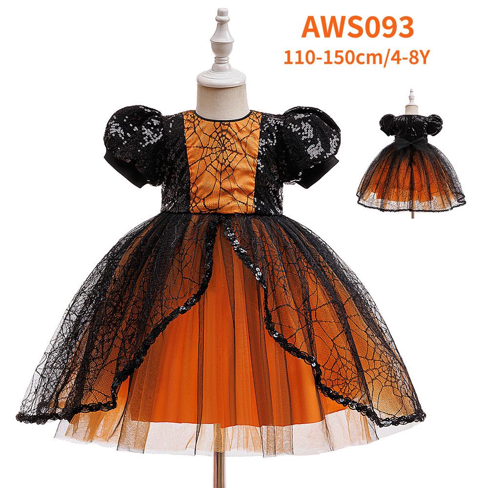 European-American Girl's Halloween Spider Web Sequin Patchwork Festival Dress