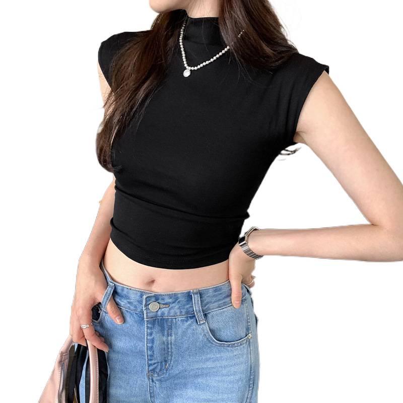 Women's Slim-Fit Open-Back T-Shirt: Summer Sleeveless, Half-High Collar, Hot Girl Style