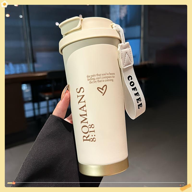 

personalized 316 stainless steel insulated coffee mug with name text and strap, double wall travel cup for hot and cold drinks 17.92oz